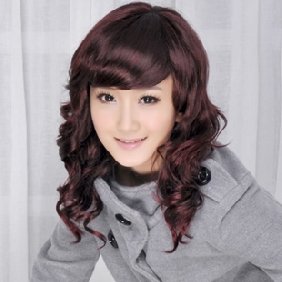 Wine Red Neat Bang Long Curly Party Wigs