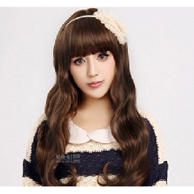 Neat Bang Long Curly Fluffy Cute Round Face Party Wigs for Lady