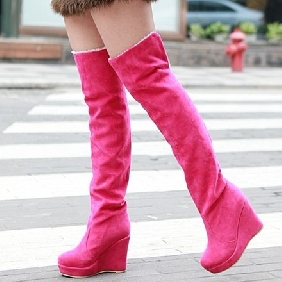 Lady Simple and Stylish Matte Leather Wedge Thigh-High Boots