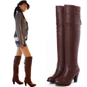 Lady High-heeled PU Leather Knight Boots Diamond Thigh-High Boots