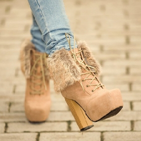 Womens Western Style High-heeled Platform Lace-up Ankle Boots