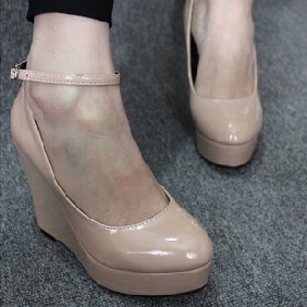 Western Style Patent Leather High-heeled Platform Belt Buckle Wedge Shoes