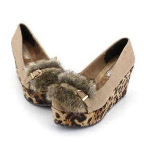 Western Style Plush Belt Buckle High-heeled Leopard Platform Wedge Shoes