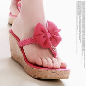 Bohemian Style High-heeled Diamond Bow Wedge Flip Flops