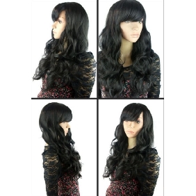 European and American Style Inclined Bang Long Curly Black Full Lace Wigs