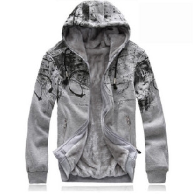 Men's Korean Plus Thick Velvet Warm Printing Zipper Even Cap Cardigan Jacket