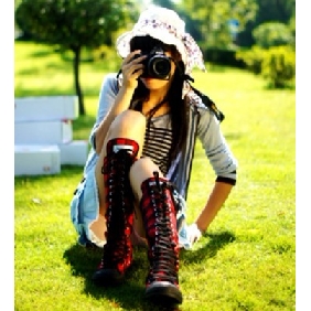 Women's Canvas Flat Lattice Lace-up Height Increasing Knee High Boots