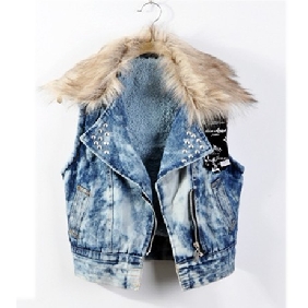 Zipper Blue Rivet Plus Velvet Retro Detachable Fur Collar Korean Cowboy Waistcoats