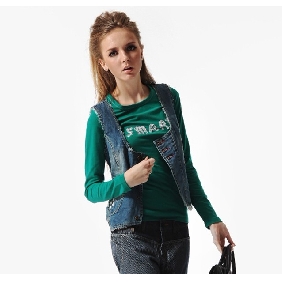 Women's Blue Plus Velvet Round Neck Cowboy Waistcoats