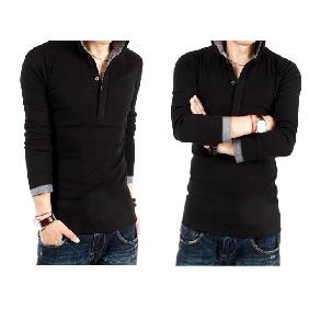 Men's Band Collar Button Cotton Long Sleeve Tops T-shirt