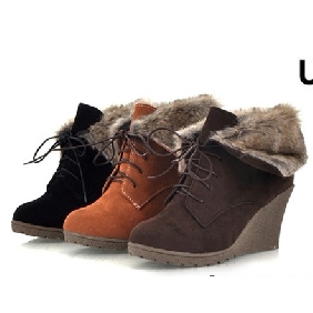 Women's Flanging Rabbit Fur Lace-up Wedge Ankle Boots