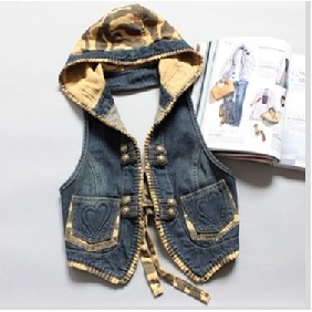 Korean Blue Double-breasted Hooded Waistcoats Denim Slim Female Vest