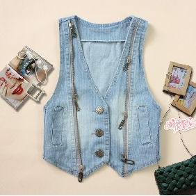 Summer Zipper Wild Bow Gentlewoman Waistcoats Denim Slim Female Vest