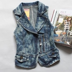 Korean Zipper Lapel Fashion Waistcoats Denim Slim Female Vest