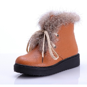 Round Head Rabbit Fur Flat Ankle Boots Lace Up Western Style Boots for Women