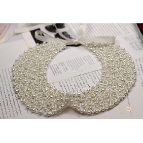 Girls Pure Manual Retro Pearl Ribbon Beads Lace Collar