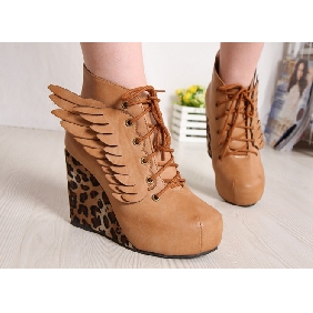 Women's Europe America Round Head Wings Wedges Leopard Grain Ankle Boots