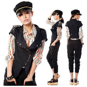 Punk Tassel Badges Blue Black Slim Fit Cowboy Denim Vest Waistcoats for Women