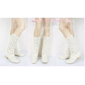 Ladies Summer Cotton Thread Weaving Hollow Out High Heel Knee High Boots