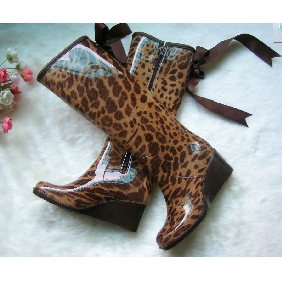 Women's Fashion Rain Boots Ribbon Leopard Galoshes Zipper Wedges Knee High Boots