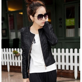 Women's Spring Short Styles Round Neck Leather Jacket