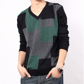 Men's Large Grid V-neck Korean Sweaters