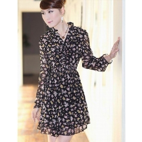 Women's Spring Korean Slim Floral Chiffon Long-sleeved Dresses