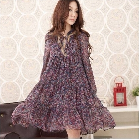 Women's Elegant Loose Chiffon V-neck Long Sleeve Dresses