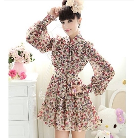 Women's Spring New Floral Bow Long-sleeved Chiffon Dresses