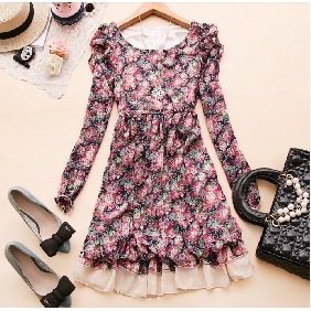 Women's Korean Chiffon Long-sleeved Puff Sleeve Dresses