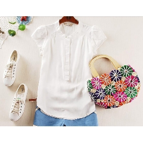 Korean Short Sleeve Blouses Stand-up Collar Solid Color Slim Tops