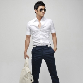 Metal Buttons Short Sleeve Slim White Shirts for Men