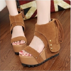 Ladies' British Style Retro Lace up Rivets Platform Dress Shoes Wedges Sandals Heels for Women