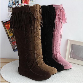 True Cowhide Tassel Lace-up Flat Knee High Boots