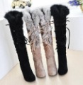 Rabbit Fur Collar Lace-up High-heeled Ladies Knee High Boots