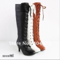 Womens Fashion Black White High Heels Lace Up Knee High Boots