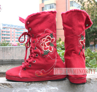 Wine Red Canvas Lace-up Thigh-High Boots