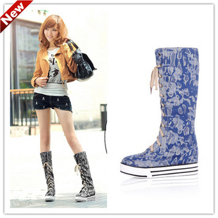 Lace-up Canvas Flat Bottom Thigh-High Boots