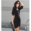 Middle Sleeve Black V-neck Chiffon Skirts