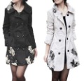 Women's Lapel Flowers Print Double-breasted Long Trench Coat