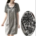 Gray Beading Summer Woman Short-sleeve Linen Dress