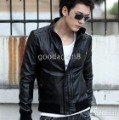 Men's Black Pleat Zipper Fur Two buttons Stand Collar Jacket