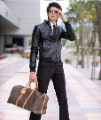 Men's Fashion Black Leather Zipper Stand Collar Jacket