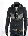 Men's Fashion Leisure Zipper Long Sleeve with Cap Black and Gray Coat