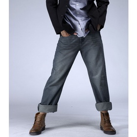 Men's Grey Straight Leg Yarn Dyed Straight Waist Washed Jeans