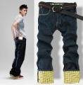 Men's Yellow Pants Angle Blue Straight Waist & Leg Washed Jeans