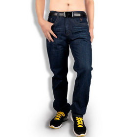 Men's Straight Waist Basic Long Loose Leg Dark Blue Wrinkled Denim