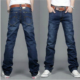 Fashion Men's Slim Straight Leg Bear Washing Dark Blue Jeans