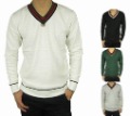 Wool Men's Computer Knitted V- neck Pullover Colourful Stripes Sweater
