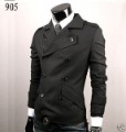 Men's Slim Fit Double Breast Cotton Blend Lapel Black Trench Coat